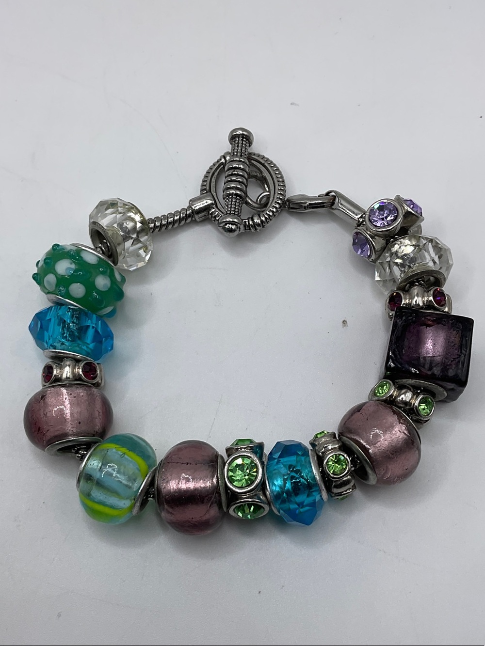 Colorful Bead Charm Bracelet with Purple, Blue and Green Accents